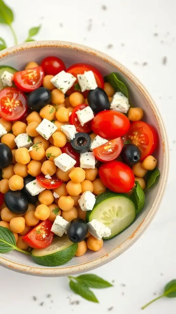 A bowl of Mediterranean Chickpea Salad with chickpeas, cherry tomatoes, black olives, feta cheese, and cucumber.