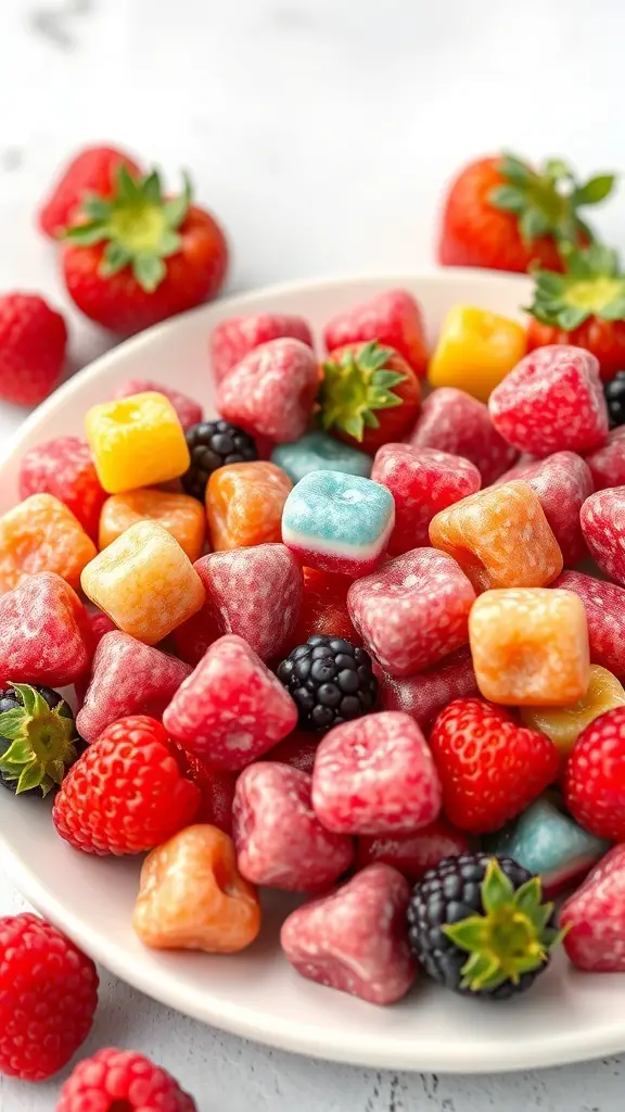 A colorful assortment of berry-flavored hard candies on a plate, surrounded by fresh strawberries and blackberries.