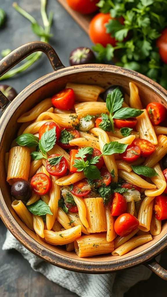 A bowl of One-Pot Pasta Primavera with cherry tomatoes and fresh basil.