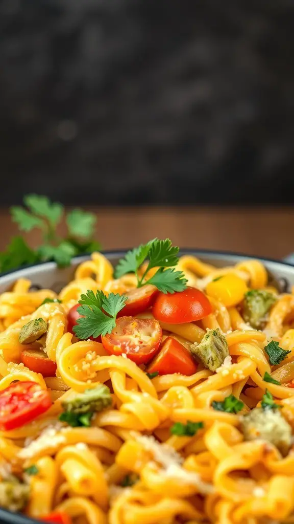 A colorful vegetarian egg noodle casserole with cherry tomatoes and herbs.