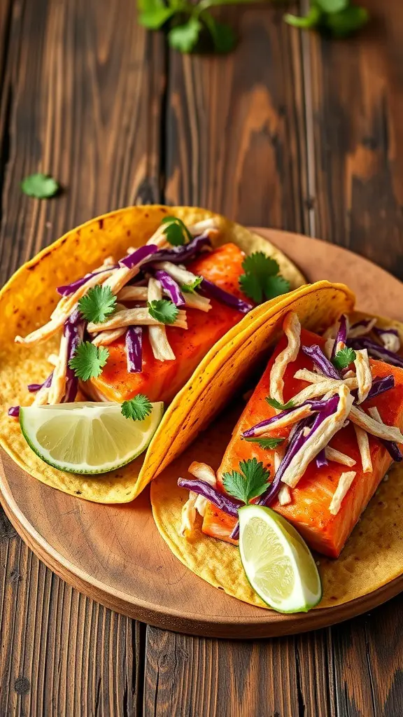 Two salmon tacos with cabbage slaw on a wooden plate