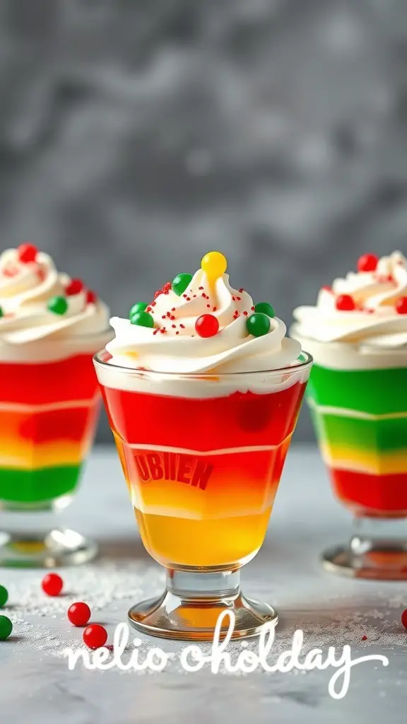 Colorful holiday Jello cups with whipped cream and festive toppings