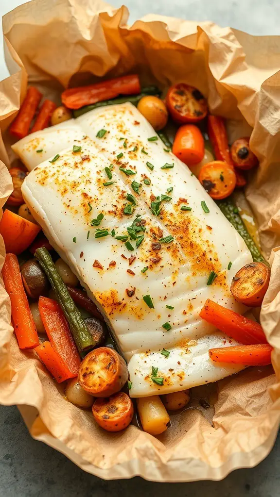 Tilapia fillet with assorted vegetables in parchment paper