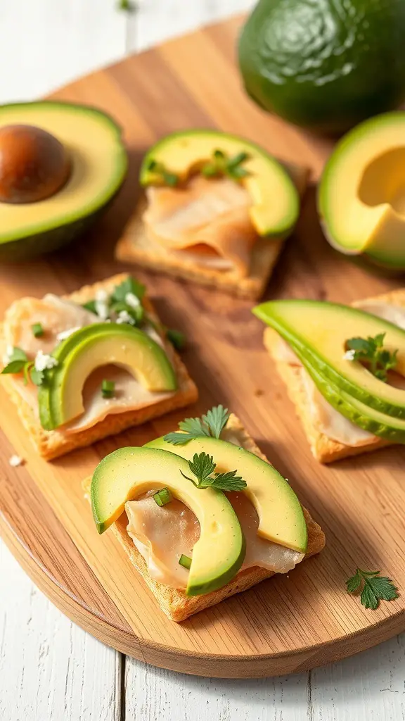 Mini club cracker sandwiches topped with turkey and avocado on a wooden board.