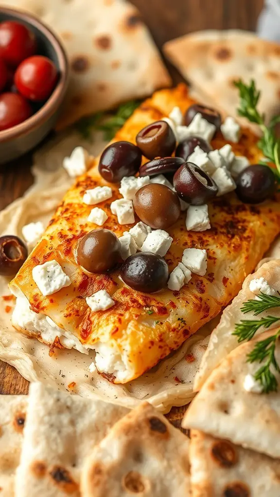 Mediterranean Fried Tilapia with olives and feta cheese on a platter
