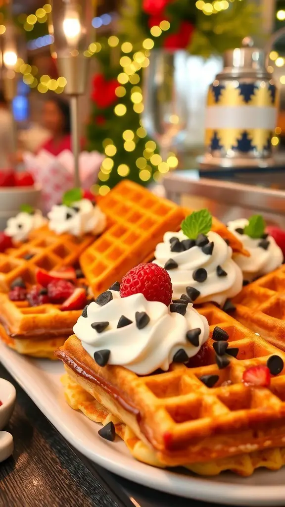 A festive holiday waffle bar with waffles topped with whipped cream, berries, and chocolate chips.