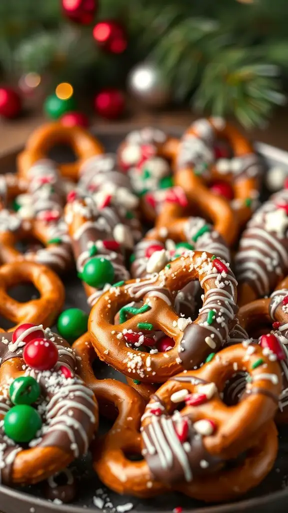 A plate of chocolate-dipped pretzels decorated with colorful sprinkles, perfect for a Christmas party.