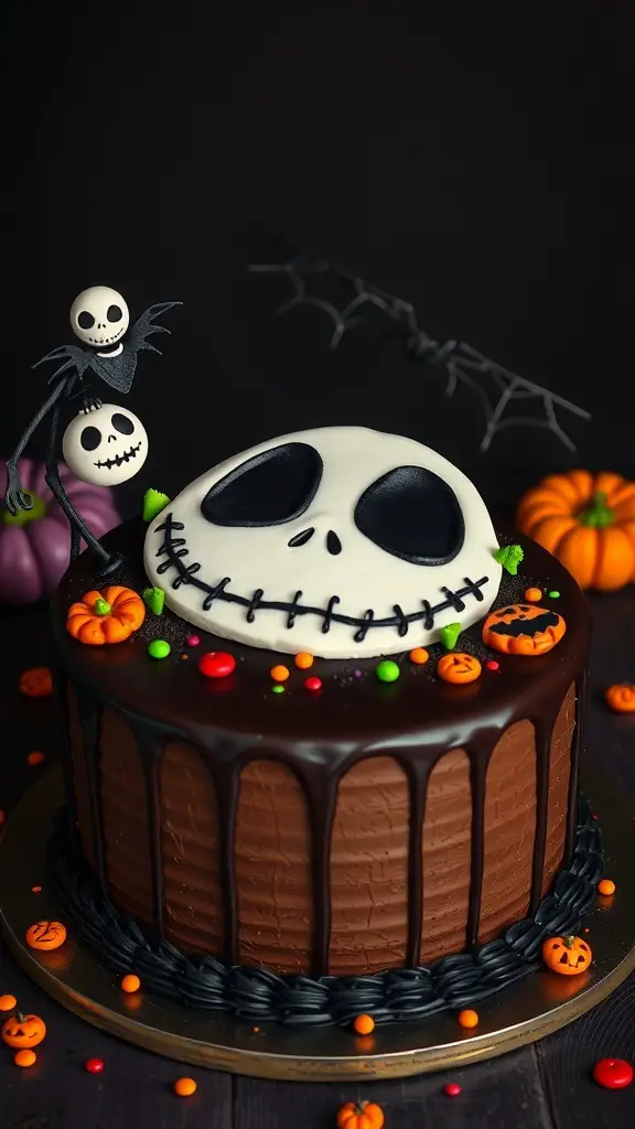 A spooky chocolate cake inspired by Jack Skellington from The Nightmare Before Christmas, featuring a white fondant face, black icing, and festive decorations.