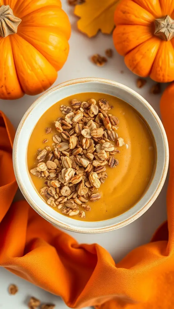 A pumpkin spice smoothie bowl topped with granola, surrounded by pumpkins and autumn leaves.
