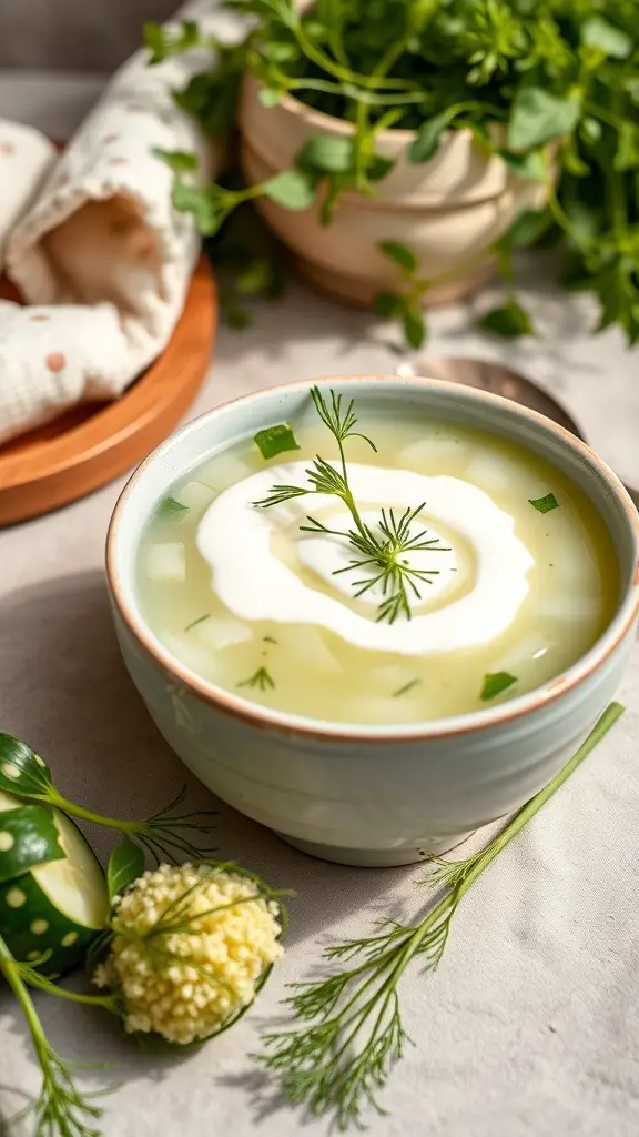 A bowl of chilled cucumber and yogurt soup garnished with dill and served with fresh ingredients.