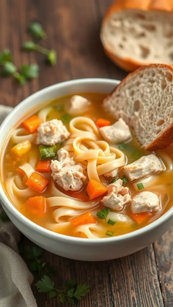 A bowl of classic chicken noodle soup with chicken, noodles, and vegetables, accompanied by a slice of bread.