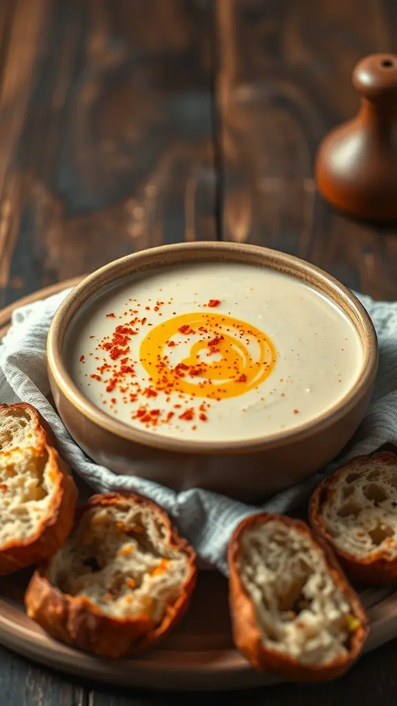 A bowl of smoky cauliflower soup topped with paprika, surrounded by slices of bread on a wooden table.