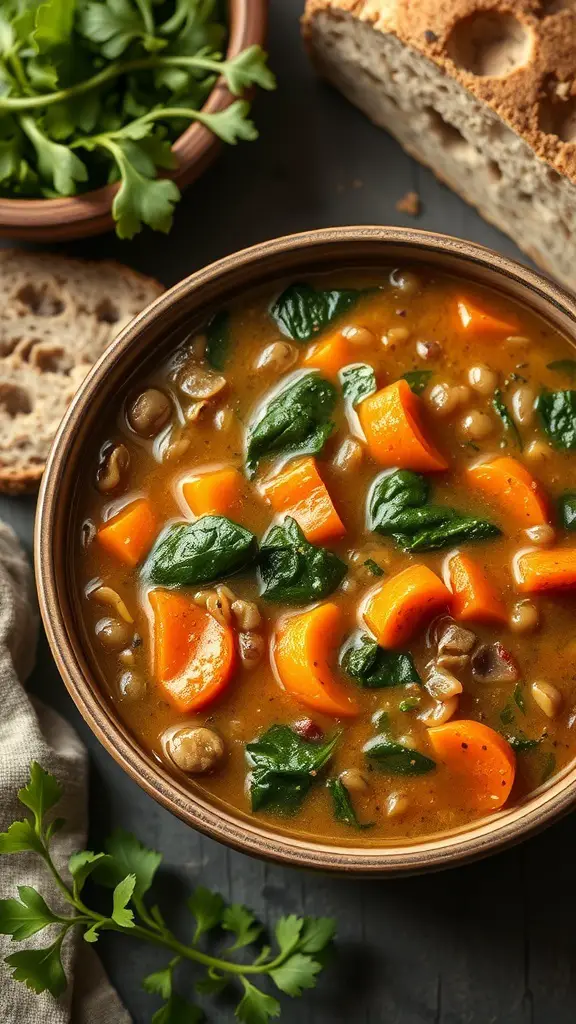 A bowl of lentil soup with spinach, carrots, and a side of bread.