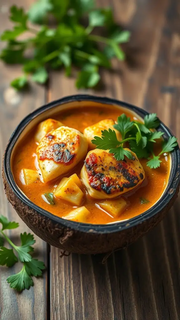 A bowl of Coconut Curry Fish Stew with fish pieces and herbs