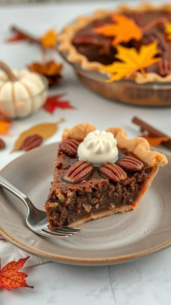 A slice of Chocolate Bourbon Pecan Pie topped with pecans and whipped cream, with a whole pie in the background.