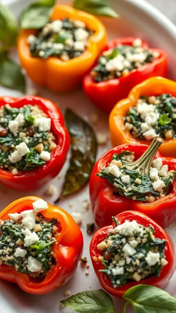 Colorful stuffed peppers filled with spinach and feta cheese