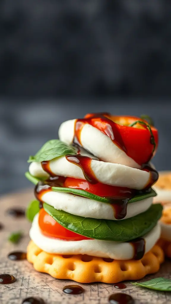 A stack of Caprese salad inspired appetizers made with Ritz crackers, mozzarella, tomatoes, and basil, drizzled with balsamic glaze.