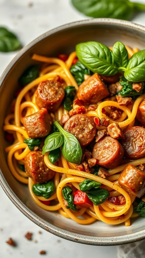 A bowl of spicy Italian sausage and spinach pasta garnished with fresh basil.