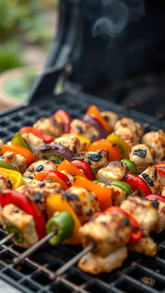 Grilled wild turkey skewers with colorful bell peppers on a grill.