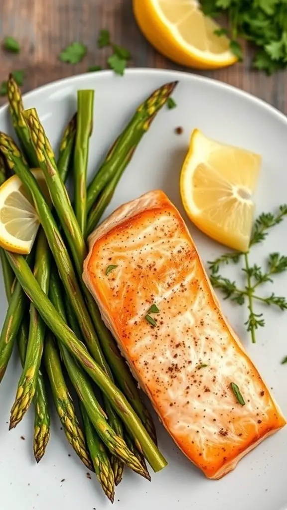 A plate of baked salmon with asparagus and lemon slices.