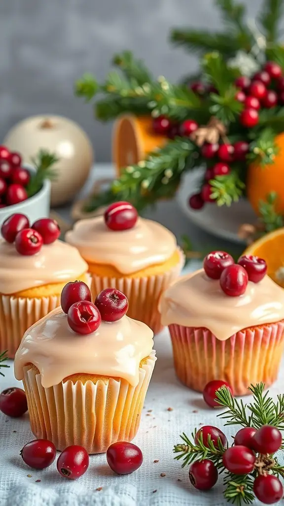 Cranberry orange cupcakes with frosting and fresh cranberries on top