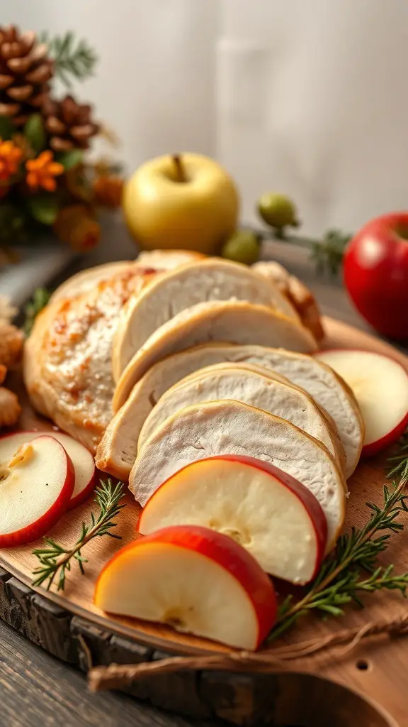 Sliced turkey breast with apple slices on a wooden platter, garnished with herbs.