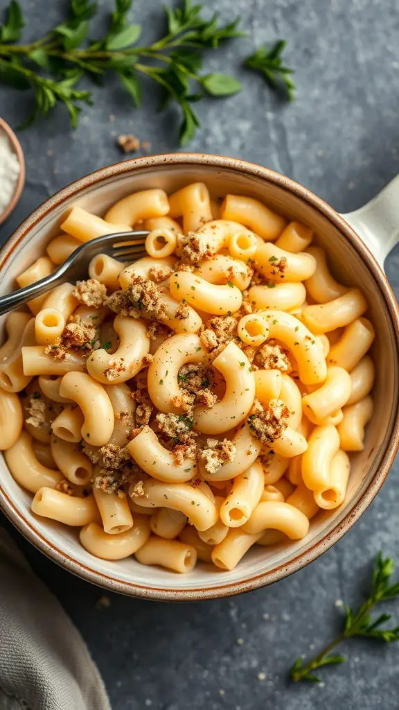 A bowl of creamy mac and cheese with elbow noodles and crispy breadcrumbs on top.