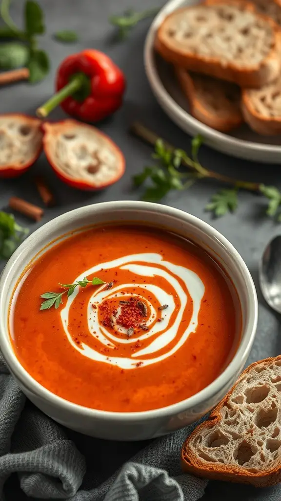 A bowl of spicy roasted red pepper soup garnished with cream and herbs, with slices of bread on the side.
