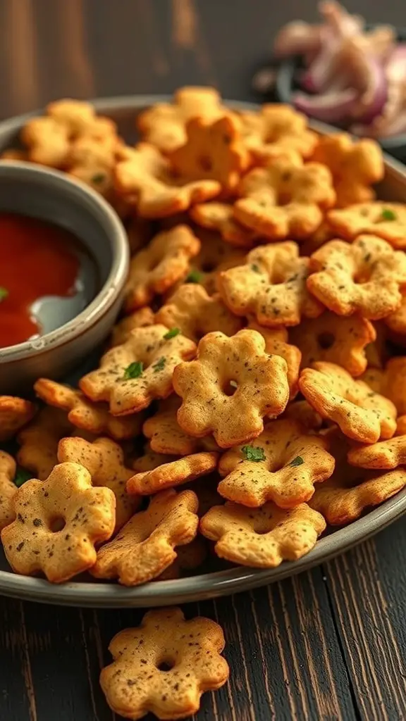 A plate of BBQ seasoned oyster crackers with a bowl of dipping sauce.