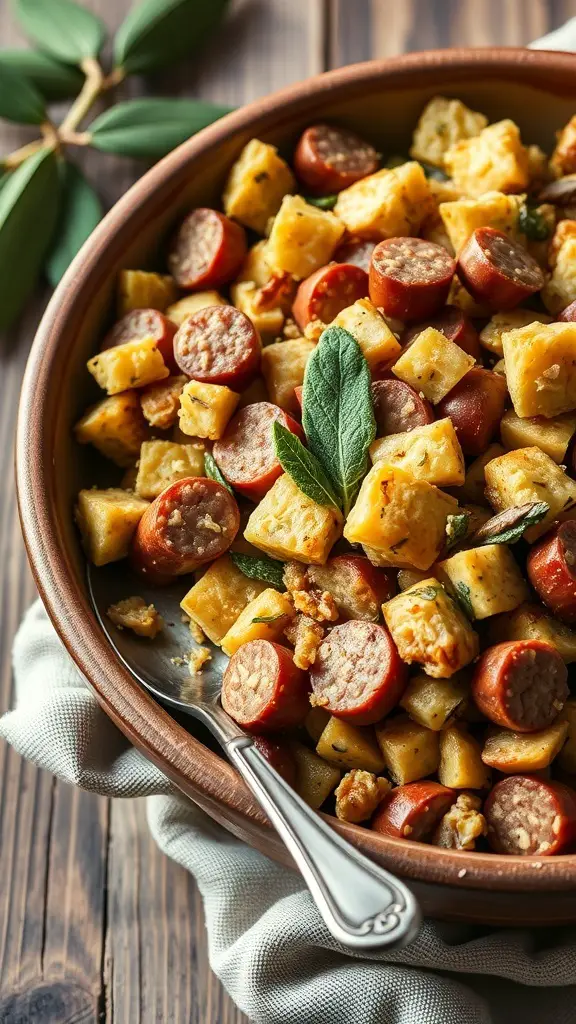 A bowl of stuffing with sausage and sage, featuring bread cubes and sausage slices.