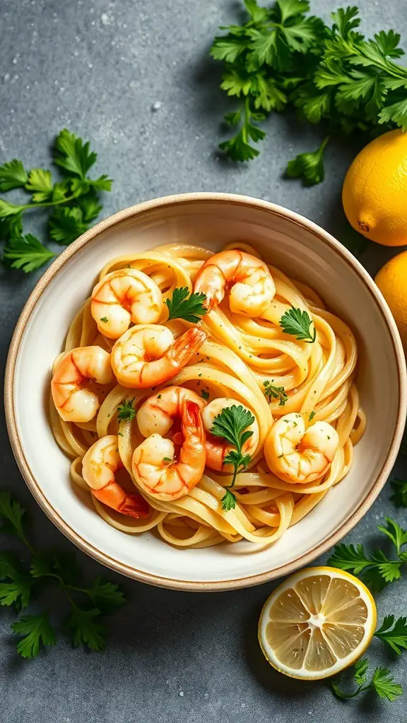 A bowl of Lemon Garlic Cavatappi with Shrimp, garnished with parsley and lemon slices.