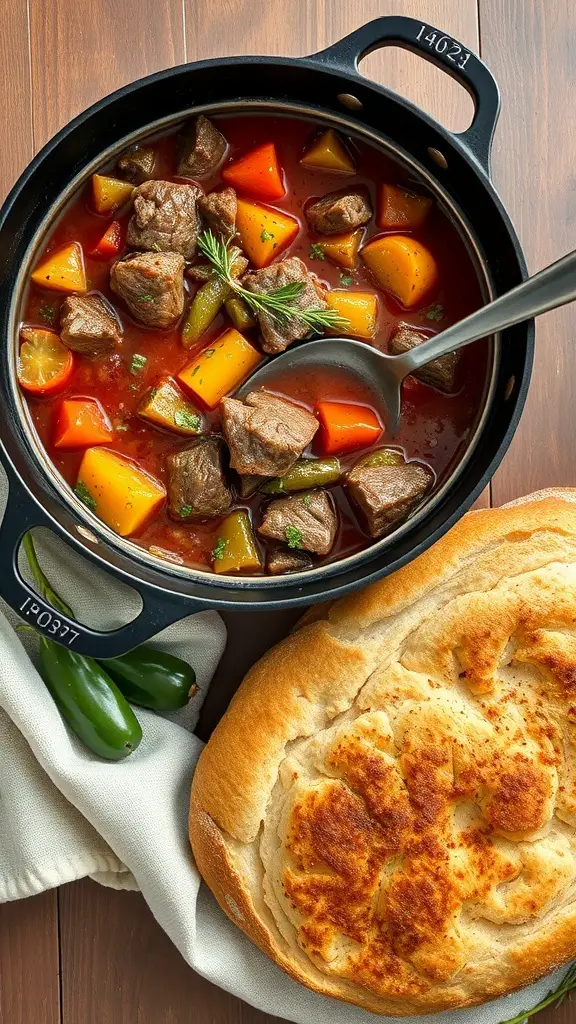 A pot of hearty beef and vegetable stew with colorful vegetables and a side of crusty bread.