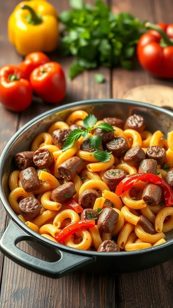 A skillet filled with elbow pasta, spicy sausage, and colorful bell peppers, garnished with fresh herbs.