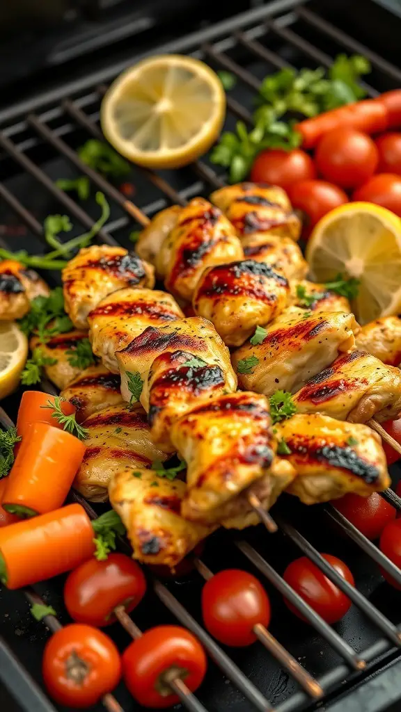 Grilled chicken skewers with lemon, tomatoes, and carrots on a grill