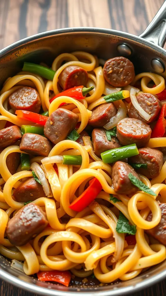 A close-up of elbow noodles with sausage and peppers in a pan.