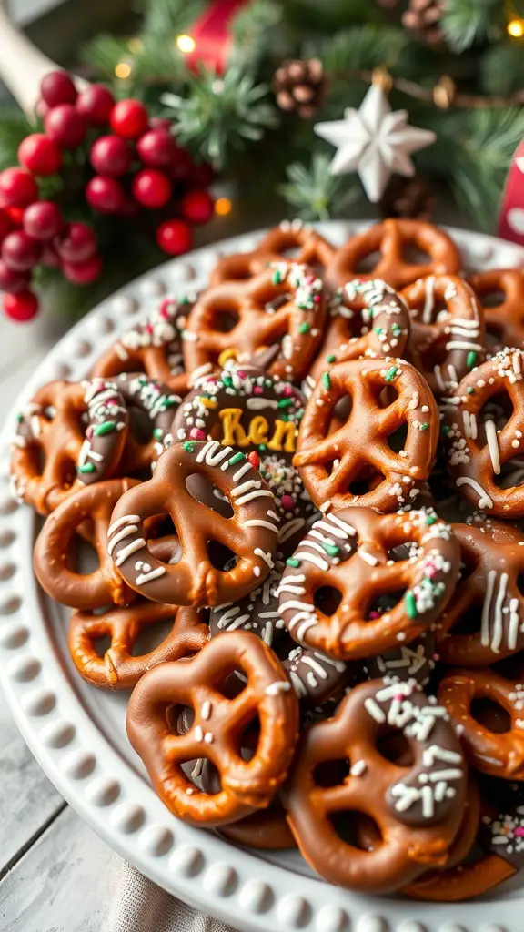 A platter of chocolate-covered pretzels decorated with sprinkles, set against a festive background.