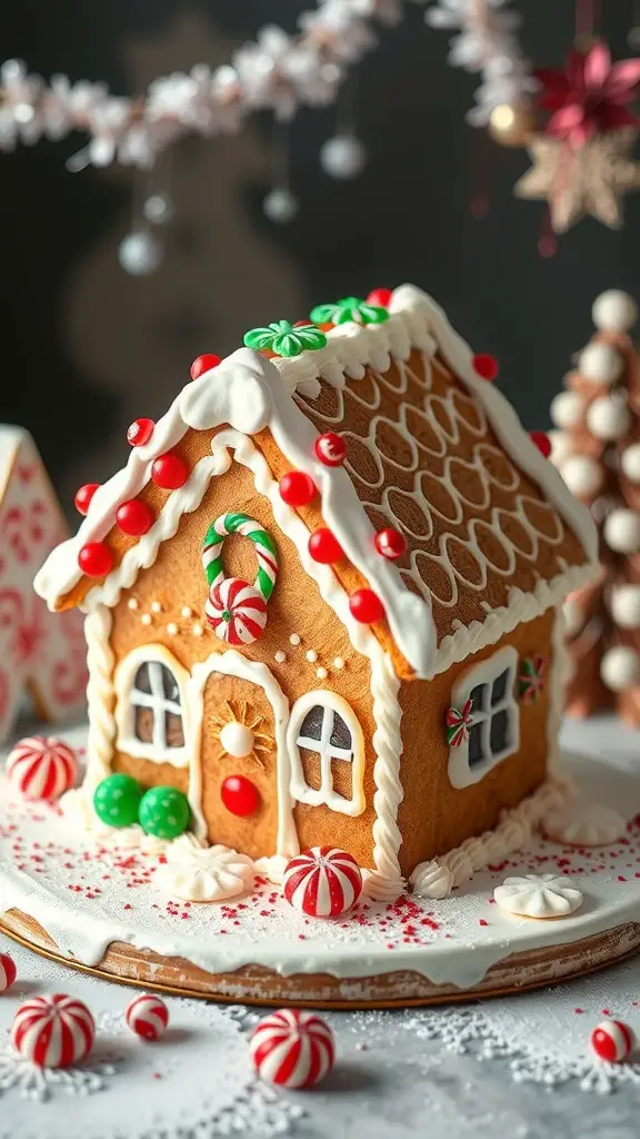 A beautifully decorated gingerbread house cake with candy embellishments.