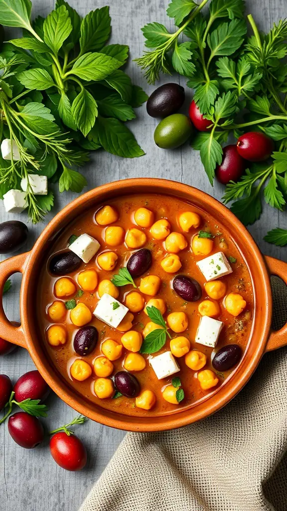 A bowl of Mediterranean Chickpea Stew with chickpeas, olives, and feta cheese, surrounded by fresh herbs.