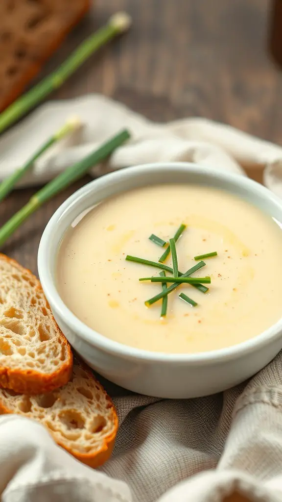 A bowl of creamy potato and leek soup garnished with chives, accompanied by slices of bread.