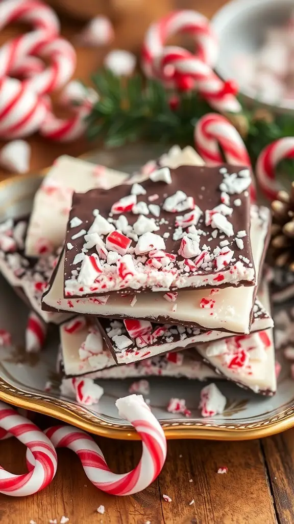 A plate of peppermint bark with dark chocolate, topped with crushed peppermint candies, surrounded by candy canes.