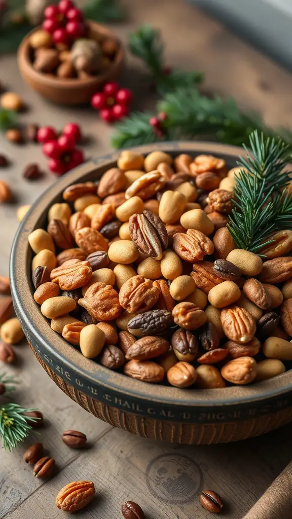 A bowl of spiced nuts and snack mix with festive decorations