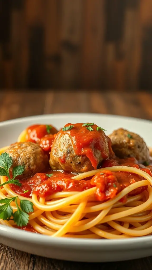 Plate of wild turkey meatballs in marinara sauce served over spaghetti
