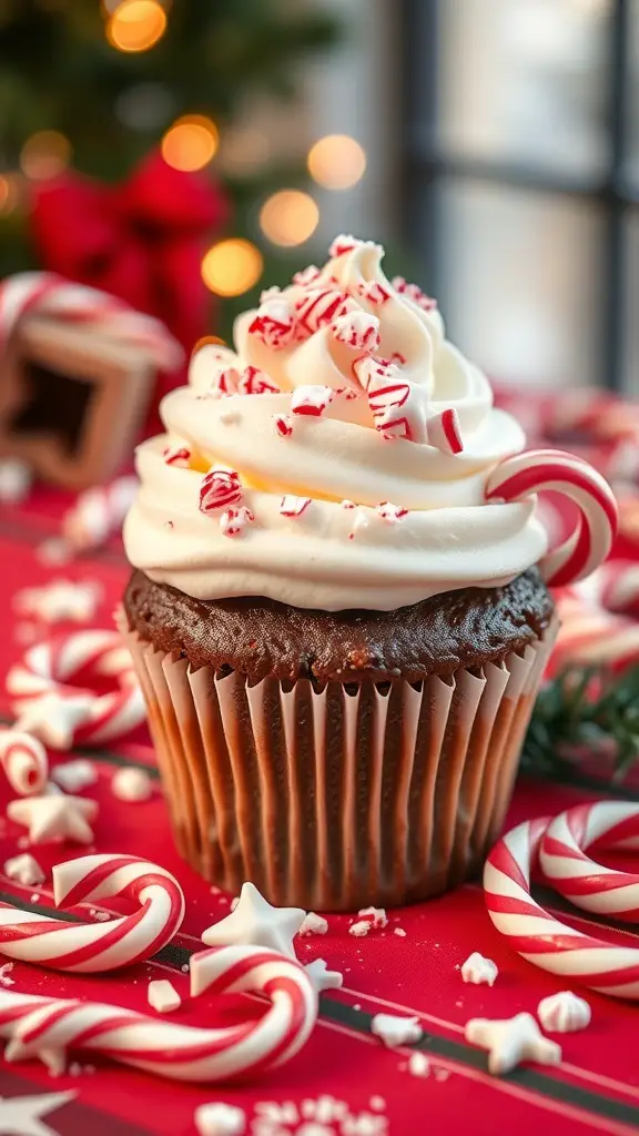 Peppermint mocha cupcake with whipped frosting and crushed peppermint on top, surrounded by candy canes and festive decorations.