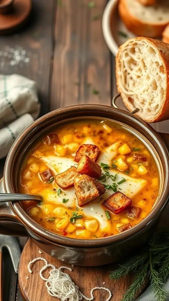 A bowl of traditional French onion soup with croutons and a side of bread.