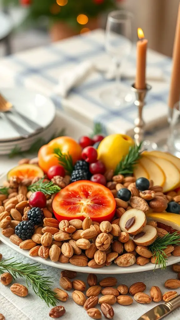 A colorful holiday fruit and nut platter featuring oranges, apples, berries, and a variety of nuts.