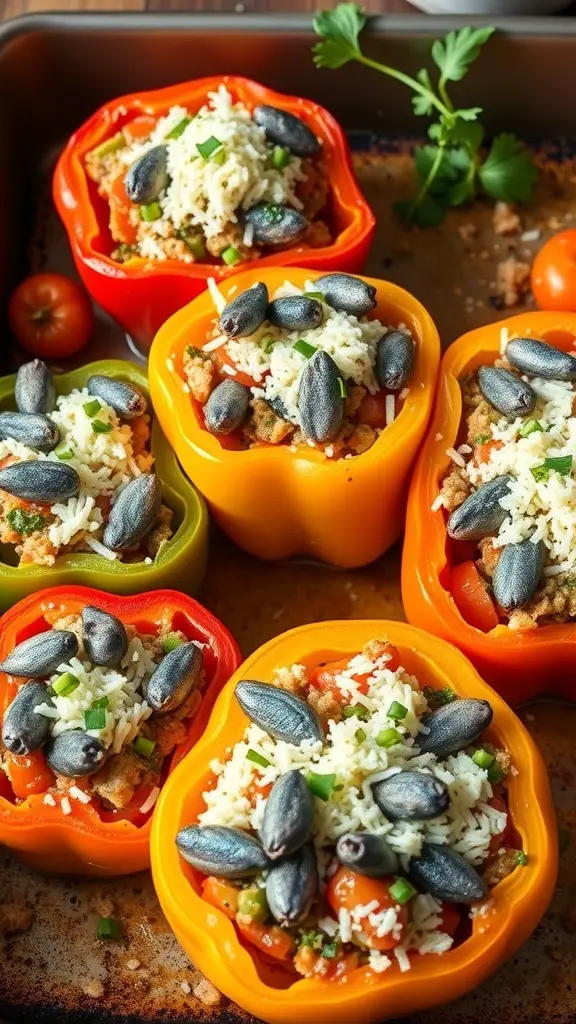 Colorful stuffed bell peppers filled with sardines, rice, and topped with seeds.