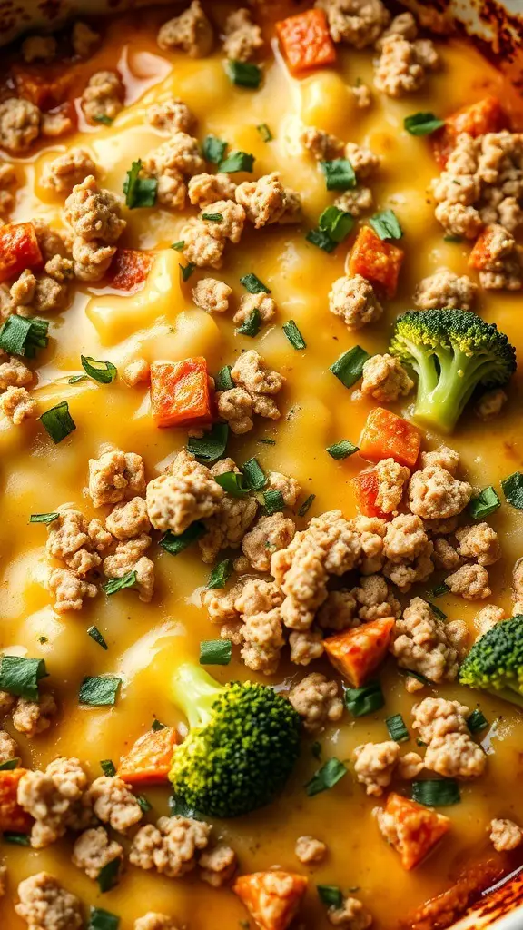 A close-up of a cheesy ground turkey and broccoli casserole with sweet potato and green onions.