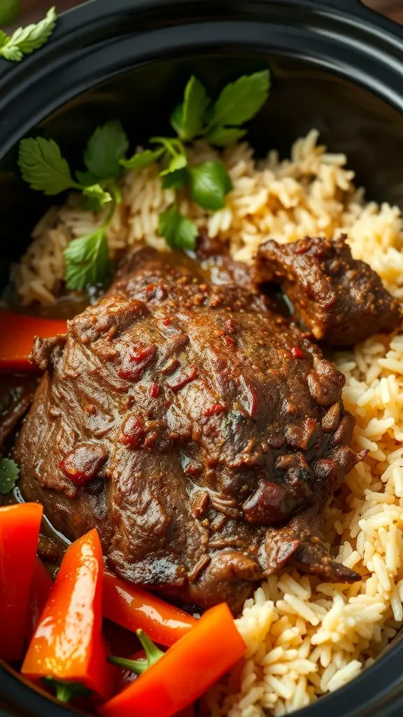 Cajun spiced pot roast with rice and red peppers in a slow cooker
