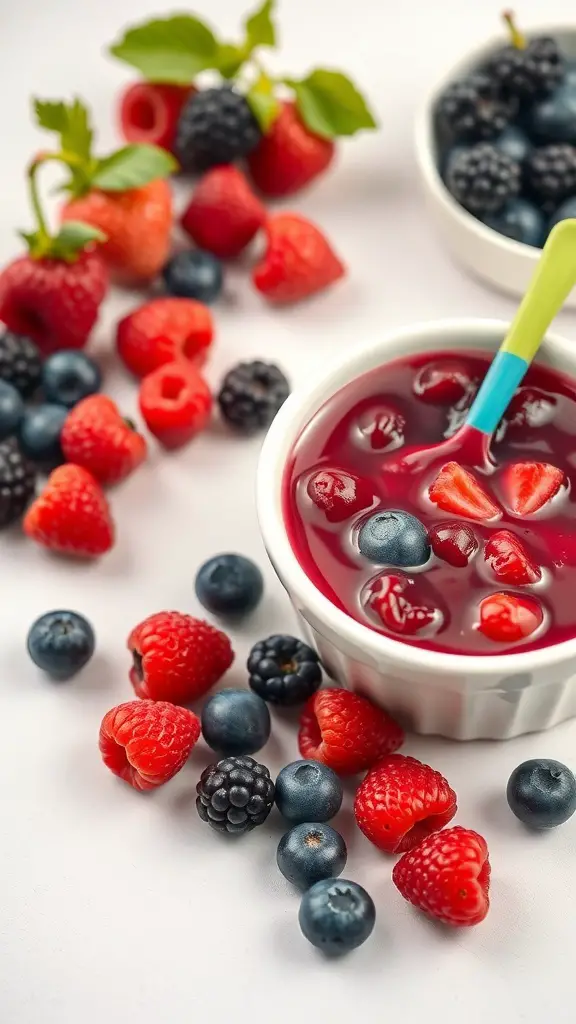 A bowl of mixed berry compote with fresh berries around it.