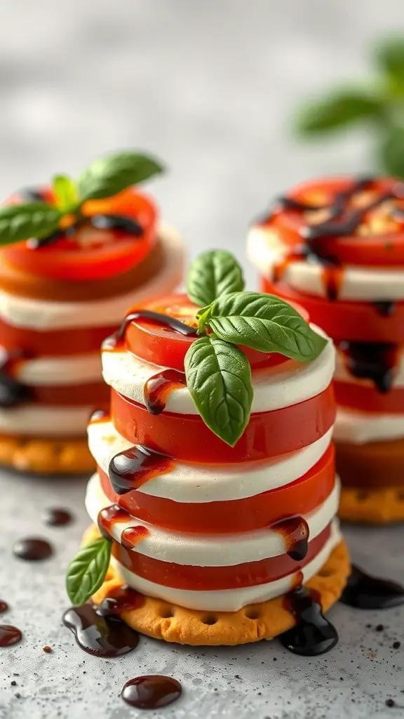 Caprese Club Cracker Stacks with mozzarella, tomatoes, and basil on crackers